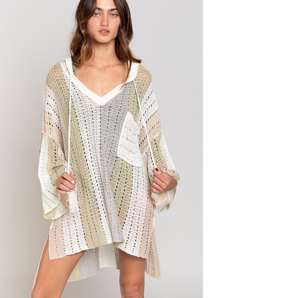 POL CLOTHING Knit stripe hoodie bikini cover up beach hoodie sweater white vneck - Picture 11 of 11